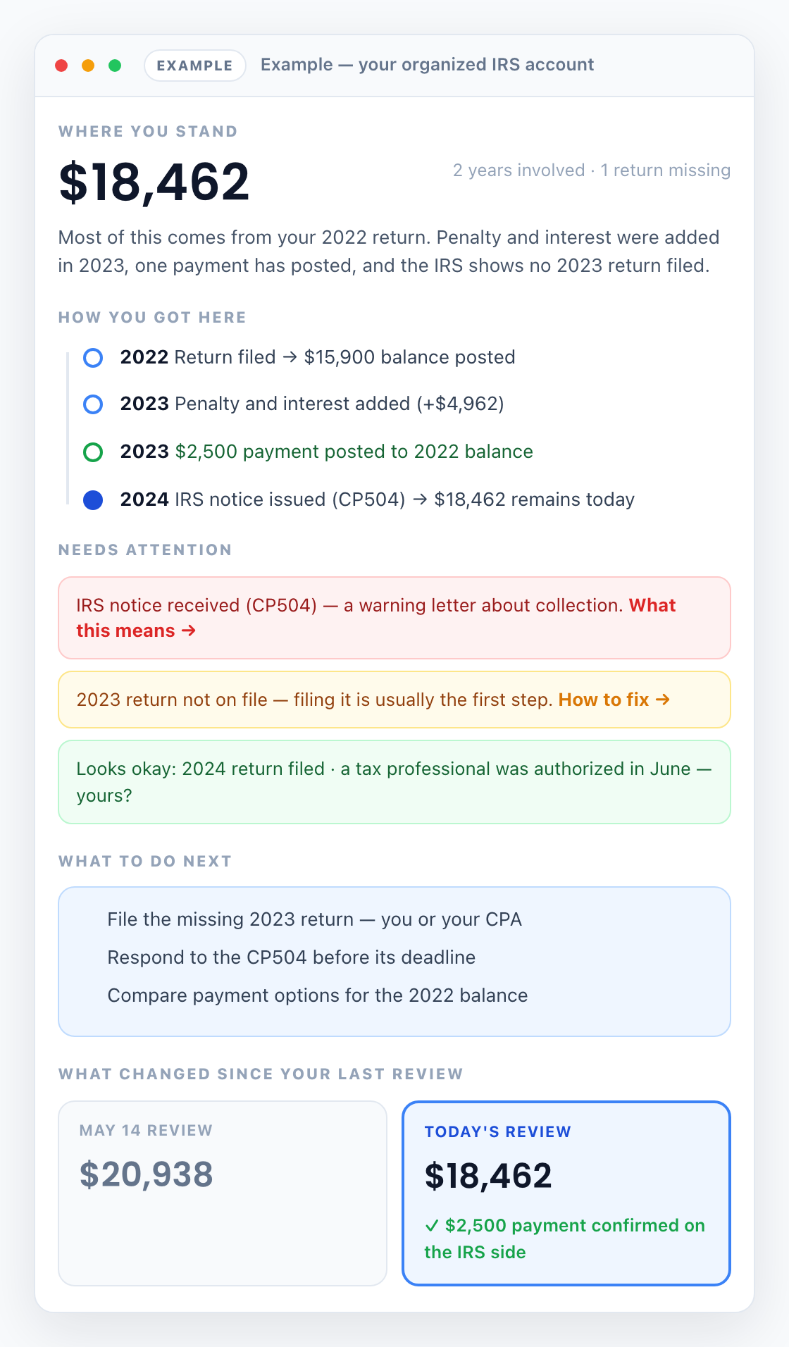 Example Brevitax dashboard showing an organized IRS account — balance, year-by-year timeline, items needing attention, and next steps.