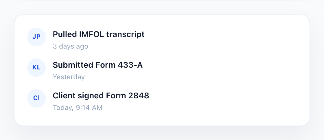 Example Brevitax activity trail recording a transcript pull, a Form 433-A submission, and a client signature on Form 2848.