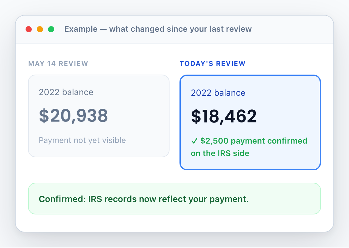Example Brevitax comparison showing what changed between two IRS account reviews.